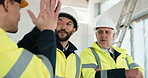 Architect, team and construction with high five on site for building success or winning together. Male people, civil engineer or group with touch for achievement, architecture project or completion