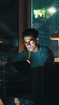 Architect, thinking and man with tablet at night, serious and research for design layout on website. Architecture, reflection and person with tech, working late and planning for blueprint deadline