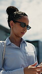 Travel, thinking and phone with business woman in city for direction, location app and tourist. Social media, search and online map with person and mobile for navigation, network and journey