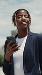Travel, direction and phone with business black woman in city for smile, location app and tourist. Social media, smile and online map with person and mobile for navigation, network and journey