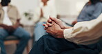 Anxious, hands and old woman in therapy with support group meeting, psychology advice and guidance. Wellness, counseling or nervous elderly person with depression, mental health or help for recovery.