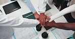 Medical, circle or people in clinic with handstack, achievement or motivation in hospital teamwork. Above, collaboration or doctor with hands together, success or encouragement in healthcare support.