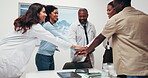 Medical, happy or people in clinic with handstack, achievement or motivation in hospital teamwork. Smile, collaboration or doctor with hands together, success or encouragement in healthcare support.