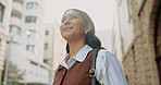 Commute, thinking and business woman in city with ideas, public relations job or opportunity. Happy Person, smile and inspiration for press release, low angle and travel to PR agency in urban town