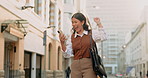 Cellphone, fist pump and businesswoman in city with texting, email or finance networking on app. Tech, commuting and financial advisor on phone with celebration for feedback on investment in town.