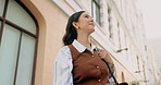 Thinking, business and woman outdoor with smile, evaluation and daydreaming for real estate. Below, realtor and breathing in city with vision, reflection and property auction for urban development