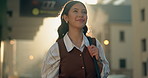 Thinking, business and woman in city for travel, morning journey and vision for real estate. Flare, female person or realtor walk in town with smile, urban commute and reflection for property auction