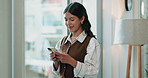 Business, woman and lawyer in office with phone, research and online evidence for court case. Smile, attorney and reading at law firm with mobile, witness statement and legal records for proceedings