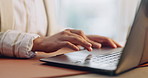 Hands, creative and business woman on laptop for marketing proposal, research and strategy. Typing, scroll and person on computer for planning, advertising pitch and website review for brand campaign