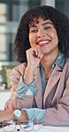 Happy, woman and face with laptop in office for corporate banking, risk manager and job integrity. Confident, compliance officer or smile with tech for financial career, regulatory expertise or trust