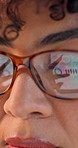 Reading, glasses and business woman with graph for financial statistics, growth and profit report. Office, reflection and person on tech with chart for finance review, research or investment analysis