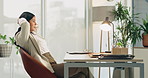 Woman, break or stretching in office with laptop, thinking or typing report for financial accounting. Auditor, person and relax in business with computer, reflection and review finance for company.