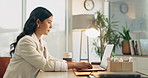 Creative, typing and business woman on laptop for marketing proposal, research and strategy. Start, advertising and person on computer for planning, brand promotion and email campaign for website