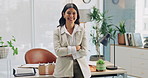 Happy, business and face of woman in office with confidence, pride and realtor career. Professional, portrait and person with crossed arms for ambition, real estate agency and property management