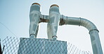 Industrial, factory and cyclone extractor outdoor for air filtration, dust collection and processing. Manufacturing facility, ventilation pipes and separator for pollution control, plant or exterior