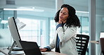 Computer, woman and neck pain in workplace, fatigue or massage with poor posture on deadline. Technology, injury and tired person in office with strain, bad ergonomics and discomfort with burnout