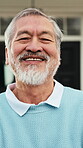 Real estate, face and senior man in front yard with pride, fresh start and investment in dream home. Property, happy or old person with portrait, retirement achievement or confidence as new homeowner