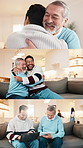 Happy, father and adult son hug in living room with tech, celebration and watch tv on weekend visit. Excited, senior dad and man embrace in home with love, stream sports game and montage for bonding.