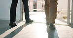 Construction, legs or people on site for inspection, safety check or quality control of renovation. Review, flare or engineer team with walk, progress track or code compliance in remodeling project.