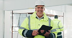 Tablet, man and face of construction worker on site with research for renovation or repairs. Happy, digital technology and portrait of mature civil contractor with pride for property development.