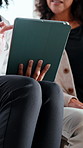 Hands, tablet and doctor with patient for online results, diagnosis or check medical history. Technology, woman and healthcare worker at hospital for consultation, communication and information