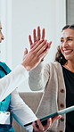 High five, tablet and doctor with patient for online results, diagnosis or check treatment progress. Technology, woman and man at hospital for consultation, communication and information for success