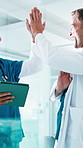 Nurses, people and high five with tablet in clinic for research, digital app or test results. Men, smile and celebration in hospital with tech, medical service report and good news for healthcare