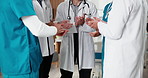 Medical, team and hands in clinic with applause, treatment goals or announcement of patient recovery. Doctor, nurse and people clap in hospital with healthcare breakthrough, celebration and success.