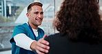 Nurse, talk and support patient in hospital with advice, medical assurance or explain treatment plan. Happy man, healthcare worker and comfort woman in clinic with discussion, update or consultation.