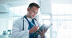 Tablet, doctor and man in hospital for research, electronic signature or review medical report. Happy person, healthcare worker and tech with pen for wellness records, telehealth feedback and flare