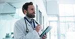 Man, tablet and doctor thinking in clinic, healthcare insight or telehealth schedule with pen. Tech, planning and happy person with stylus for medical records, problem solving or email in hospital
