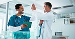 High five, medical team and men with tablet for success,  clinical achievement or thank you for help. Healthcare, happy doctor and nurse with tech for goal, support or laugh with results in hospital