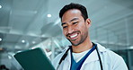Tablet, doctor and man in clinic for reading schedule, electronic records or review medical report. Happy person, healthcare worker and tech for email, telehealth feedback and scroll case study