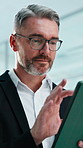 Tablet, business and mature man in office for online report, finance review and risk assessment. Corporate, lobby and person on digital tech for research, investment portfolio and financial planning