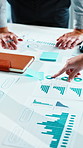 Hands, people and graphs in office with documents, data analysis and finance report for accounting. Team, point or sticky notes in meeting with paperwork, charts and financial stats for profit growth