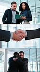 Series, business people and handshake in office for teamwork, agreement or planning with tablet. Shaking hands, collaboration and smile with employees for support, hug and partnership with tech