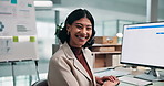Call center, happy and face of woman with headset for financial advice, consulting and help. Portrait, laugh and person on computer for investment portfolio, customer support and contact us in office
