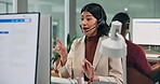 Consulting, woman and help with computer in call center for tech support, account access or happy. Coworking, IT consultant and PC for remote diagnostics, issue resolution and guide on password reset