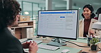 Talk, man and computer screen with help in call center for tech support, account access or guide. Coworking, helpdesk technician and desktop for remote diagnostics, issue resolution or password reset