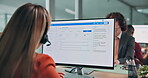 Mic, woman or computer screen with help in call center for network glitch, account access or guide. Coworking, tech support agent or back for remote diagnostics, issue resolution or ticket escalation