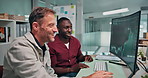 Office, team and trading advice on computer screen for market shift, explain stocks and coaching. Trader dashboard, men and laugh with graphs for price movement, economy news and pointing to trends