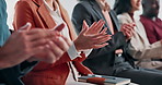 Success, hands or crowd at seminar with clap, achievement or celebration for business growth. Victory, people or employees at event with good news, group applause or motivation for company milestone.