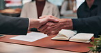 Handshake, interview or recruitment with people in workplace, onboarding and HR with thanks or introduction. Business, hiring and shaking hands for welcome, job opportunity or agreement at meeting