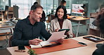 Reading, resume and business people with applicant, interview or discussion for recruitment process. Company, HR and happy team with candidate for job opportunity, talking and review qualifications