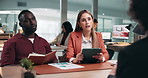 HR, talking and business people with tablet, job interview or listening to qualifications in office. Hiring, company and discussion with candidate for career opportunity, meeting and team with tech