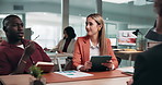 HR, questions and business people with applicant, interview or listening to qualifications in office. Hiring, company and discussion with candidate for job opportunity, happy and team with tablet