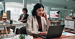 Businesswoman, laptop and stress in office phone call, data analysis fail and finance document error. Coworking, person and analyst speaking with tech, contact and stats mistake for financial graphs.