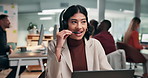 Consultant, laptop and happy woman with headset in office for online advice or communication. Female person, business agent or discussion with computer for virtual assistance or customer service