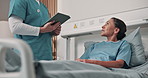 Health, woman and nurse with tablet at hospital bed for test results, ward round or surgery concern. Mature patient, worker and talk with tech in clinic for medical complication, care plan or support