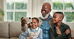 Selfie. children and black family with grandpa on sofa for photography, bonding or memory in home. Grandfather, grandkids or capture moment with siblings or app on couch for picture together in house